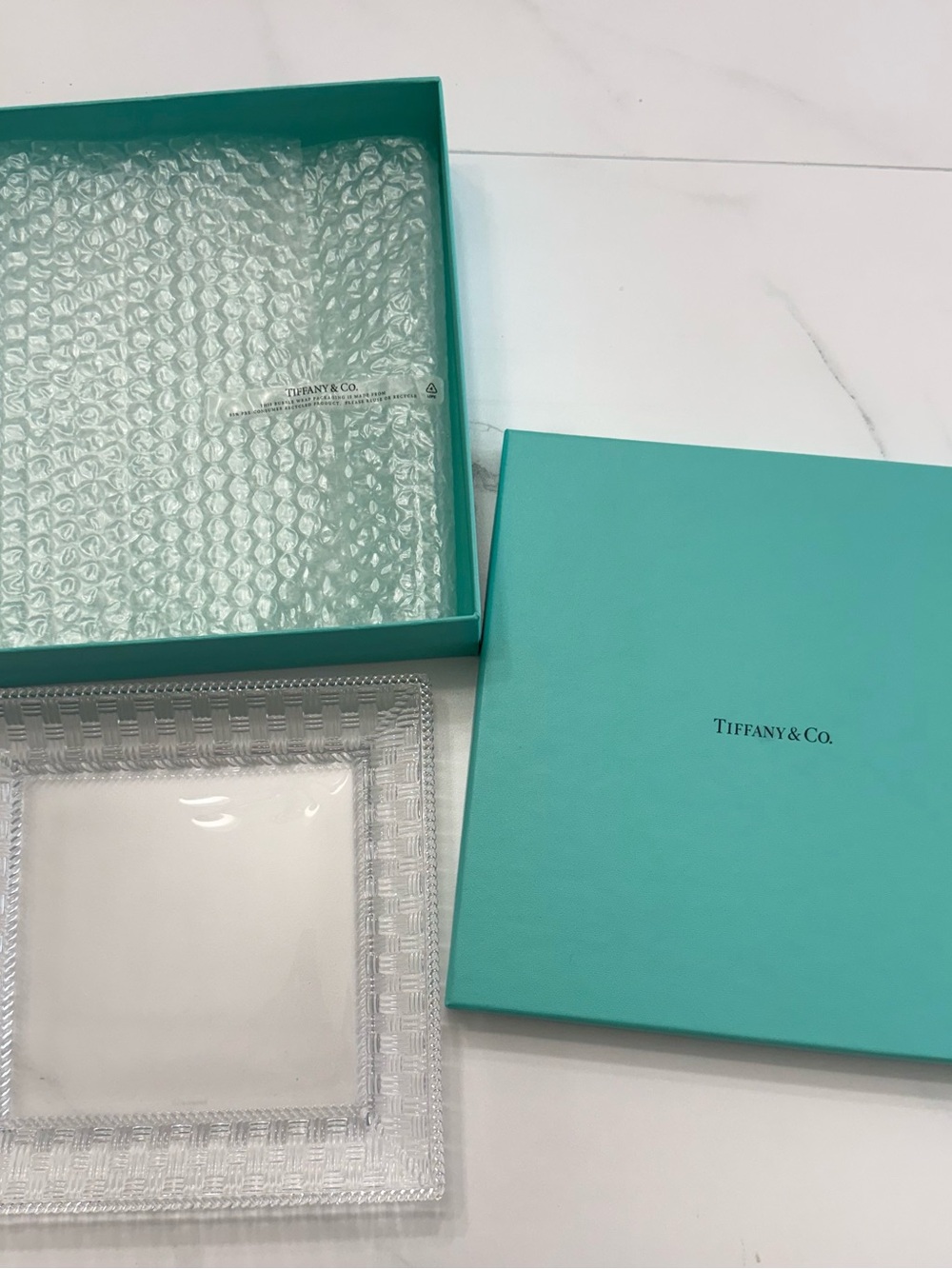 Tiffany & Co. Signature Blue Jewelry Box with Clear Glass Tray